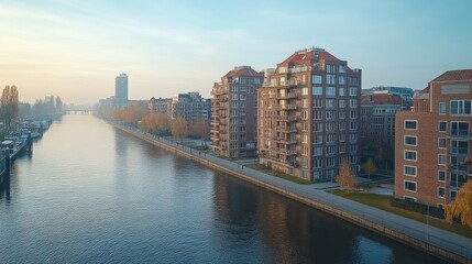 Obraz premium Serene canal flanked by modern apartment buildings, trees, and a clear sky during a calm day