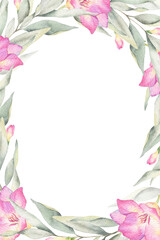 Pink flowers, buds and leaves. layout of Garden flowers. Isolated hand drawn watercolor round frame. Floral Template for wedding invitations, postcards, women's day, mother's day cards