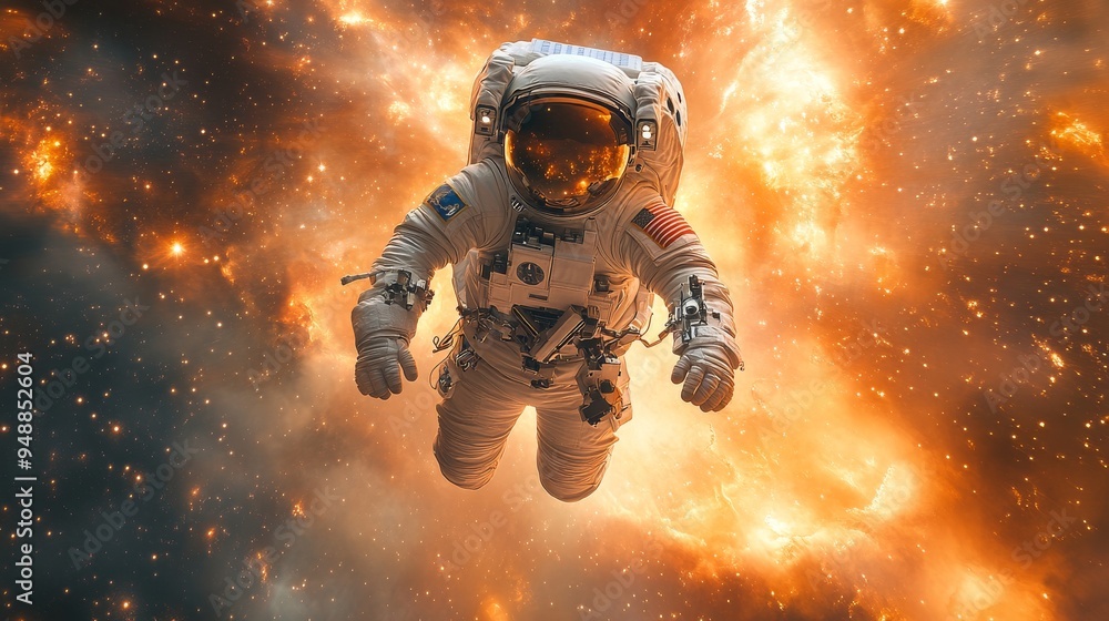 Poster astronaut in a white spacesuit is floating in space, with a dramatic fiery explosion in the backgrou
