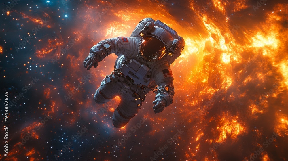 Poster astronaut floats in space with a fiery orange nebula backdrop, creating a dramatic and visually stri