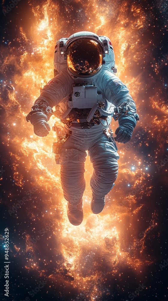 Poster astronaut in a spacesuit is floating in space against a dramatic backdrop of fiery celestial phenome