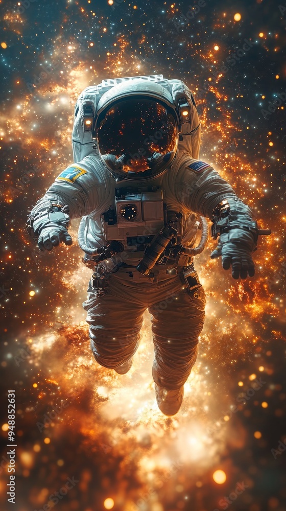 Poster astronaut, floating in space surrounded by bright, glowing particles, seems to be exploring a visual