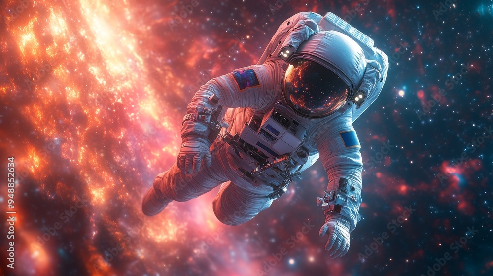 Poster astronaut in a spacesuit floats in outer space against a backdrop of colorful stars and a glowing ne