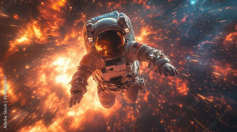 Poster astronaut in a spacesuit floats in space with a vibrant, fiery explosion and sparkling stars in the 