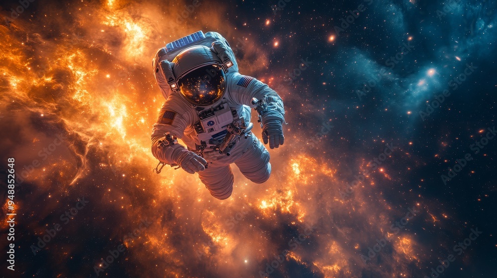 Poster astronaut in a spacesuit floats in space with a dramatic backdrop of fiery cosmic clouds and distant