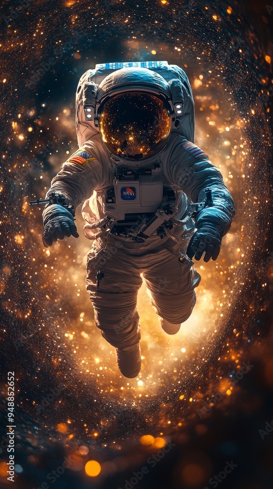 Poster astronaut in a spacesuit is floating in the cosmos surrounded by glowing, golden particles and a cos