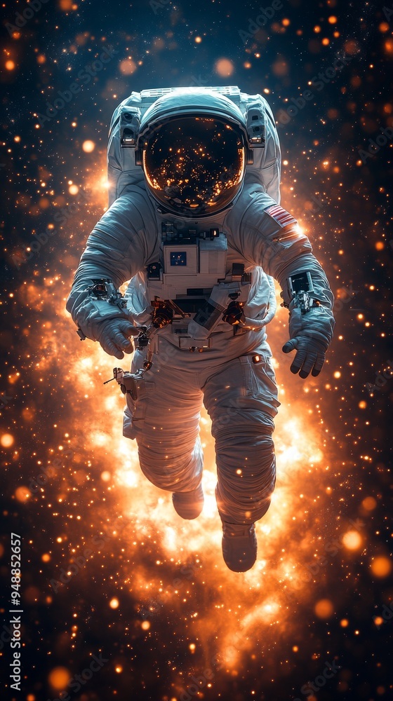 Poster astronaut in a spacesuit floats in space, surrounded by bright, fiery nebulas and stars, creating a 