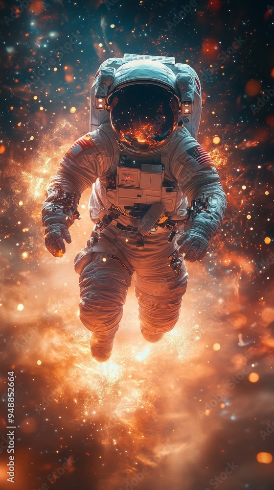 Poster astronaut floats in outer space surrounded by a vibrant, fiery cosmic background filled with glowing