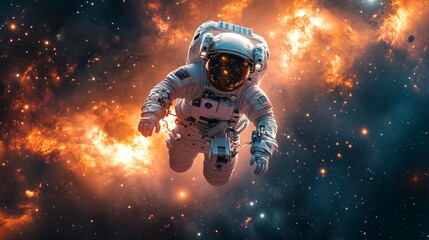 Astronaut in a spacesuit floats in space against a stunning backdrop of vibrant orange and yellow cosmic clouds