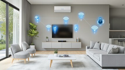 Smart home living room with connected devices and furniture.