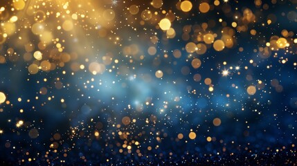 New year, Christmas background with gold stars and sparkling. Abstract background with Dark blue and gold particle. Christmas Golden light shine particles bokeh on navy background. Gold foil texture