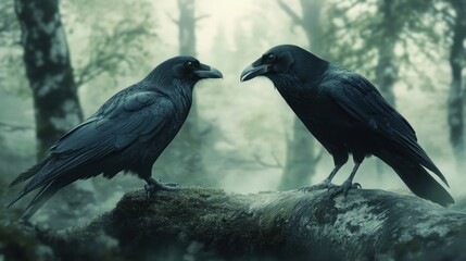 Fototapeta premium Two Ravens in a Foggy Forest