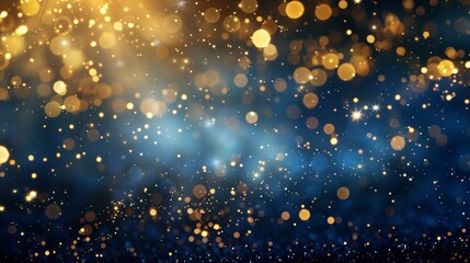 New year, Christmas background with gold stars and sparkling. Abstract background with Dark blue and gold particle. Christmas Golden light shine particles bokeh on navy background. Gold foil texture
