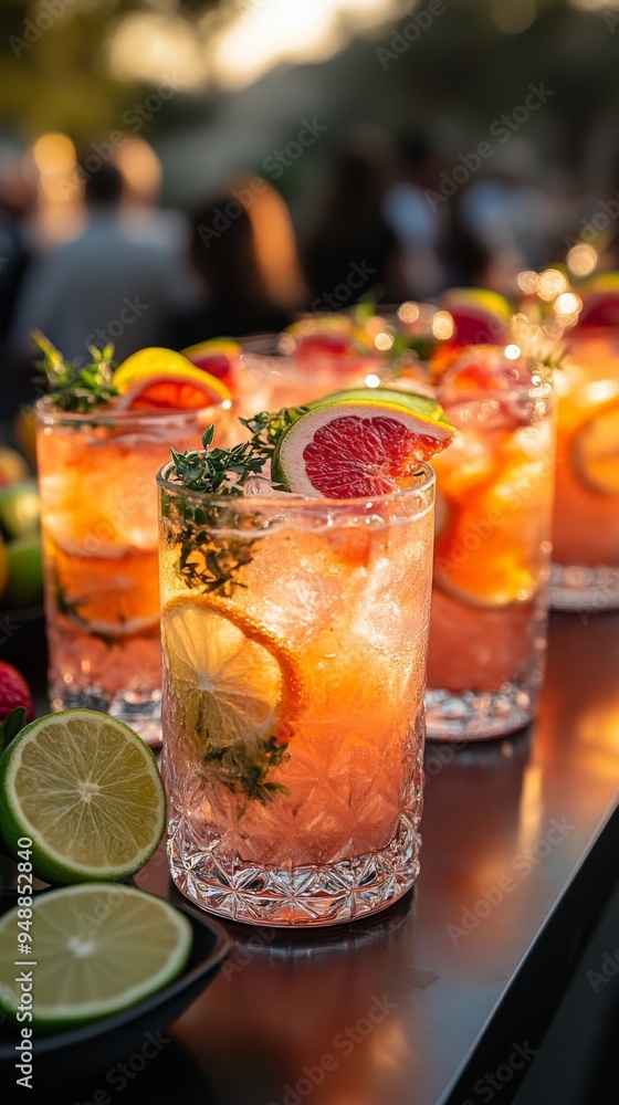 Poster this image features several glasses of a refreshing iced drink with lime, grapefruit slices, and gar