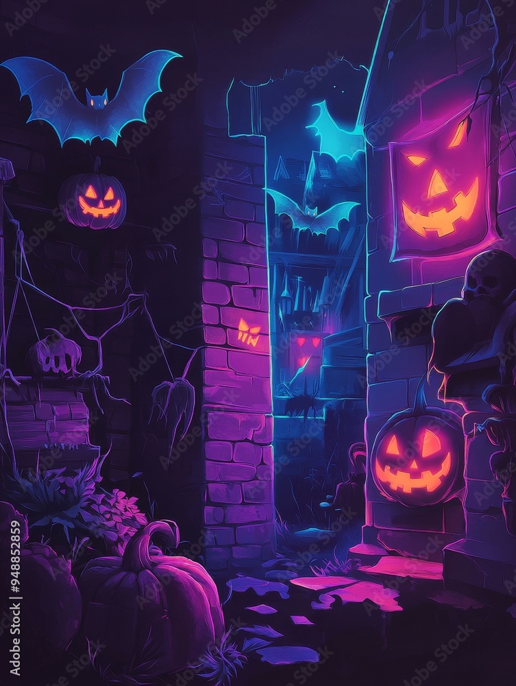 Canvas Prints A spooky and vibrant Halloween scene featuring glowing neon pumpkins, bats flying in the night sky, and an eerie brick building.  The scene is lit with vibrant pink and purple neon lights, creating a 