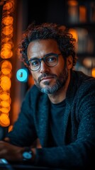 Man with curly hair and glasses, wearing a dark sweater, stands against a background of warm, blurred lights