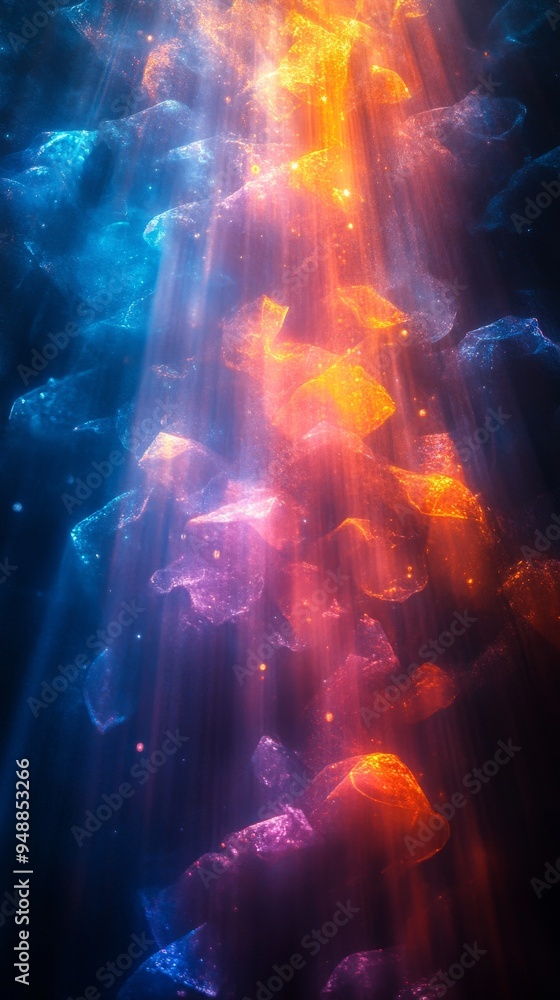 Poster image displays vibrant, ethereal light rays in blue and orange hues with abstract, floating particle