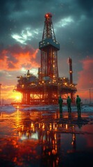 Obraz premium Three workers in green uniforms walk towards an illuminated offshore oil rig at sunset, reflecting in a wet surface