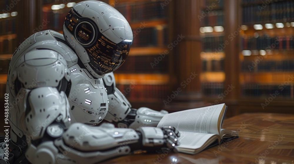 Poster humanoid robot is sitting at a wooden table in a library, attentively reading an open book placed be