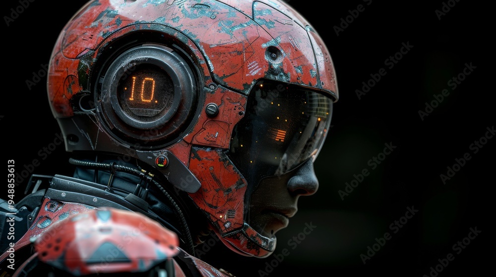 Poster detailed, futuristic red and black robot helmet with illuminated displays and a digit 10 on the side