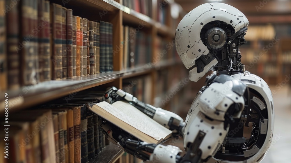 Poster robot with a white and black exterior is reading a book while standing in front of bookshelves in a 
