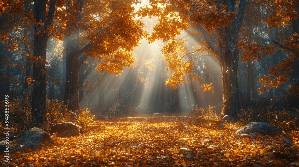 Poster sunlight filters through autumn trees, casting golden light and shadows on a forest floor covered in
