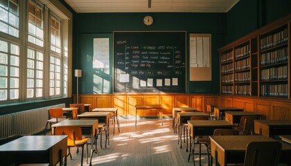 Bright Beginnings: Empty Classroom Setting with Neatly Arranged Desks, Sunlit Interiors, and First Day Schedule on Blackboard