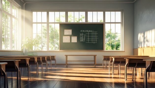 Fresh Start: Organized Classroom with Sunlit Ambiance for New School Year