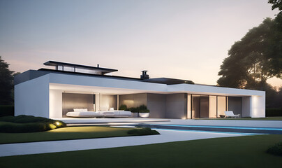 Modern, secure home with sleek design, lush greenery, sunset glow.