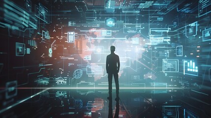 Man Standing in Front of a Wall of Digital Data
