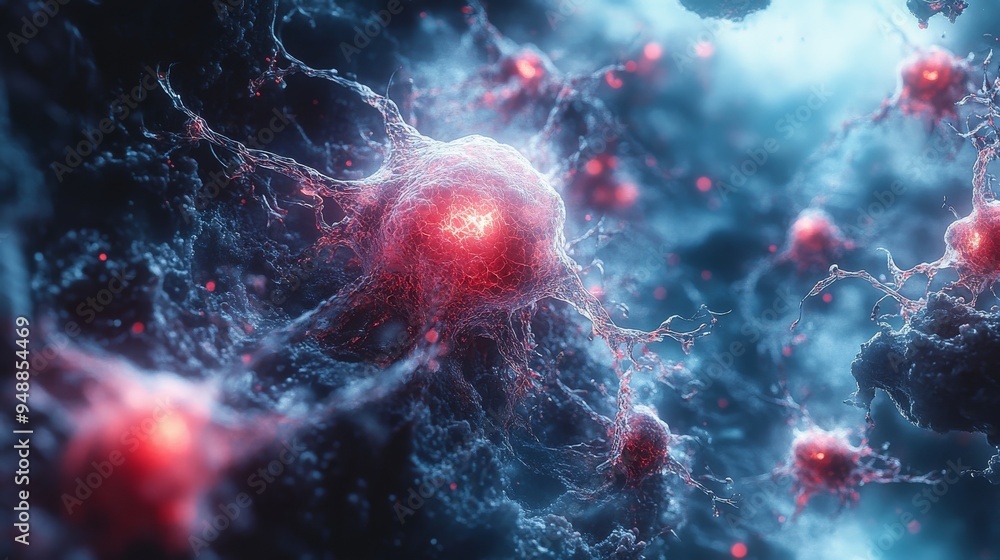 Poster detailed depiction of neurons with glowing connections, illustrating a complex network of neural com