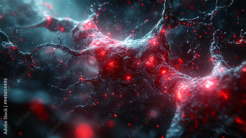 Poster close-up view of a neural network with glowing red synapses, illustrating complex neuron connections