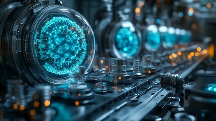 Futuristic, high-tech laboratory or industrial setting with intricate machinery and glowing blue spherical elements