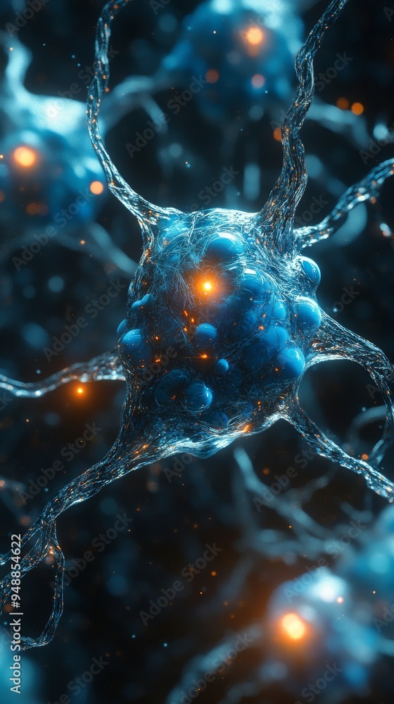 Poster close-up of neural cells or neurons with glowing synapses, highlighting the complexity of neural net