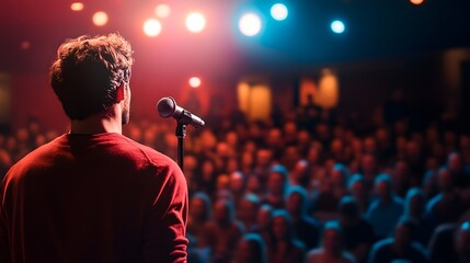A comedian on stage delivering a punchline, with a microphone in hand and a captivated audience in the background