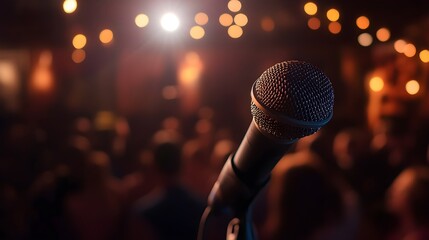 A comedian on stage delivering a punchline, with a microphone in hand and a captivated audience in the background