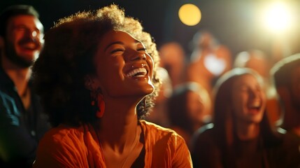 A close-up of a laughing audience, showing diverse expressions of joy and amusement, with a spotlight on the stage