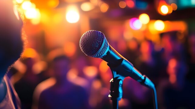 A comedian on stage delivering a punchline, with a microphone in hand and a captivated audience in the background