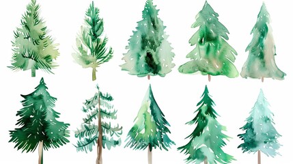 Obraz premium Set of watercolor christmas trees, hand drawn on a white background. Christmas card. 
