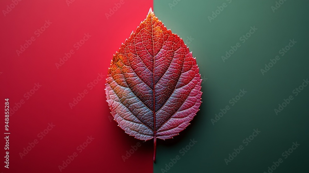 Poster leaf with a vibrant gradient of colors bisects a background split into red and green halves, creatin