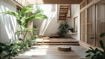 Fototapeta premium Japanese Zen Garden Interior Design with Wood Flooring and Plants.