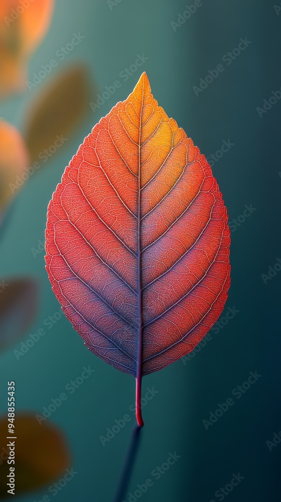 Poster single, vibrant leaf displaying a gradient of colors from red to orange is set against a blurred bac
