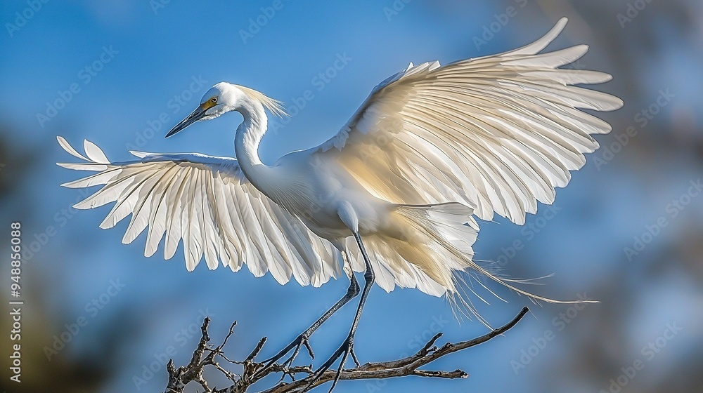 Poster large white bird perched on a tree branch with wings extended and open beak