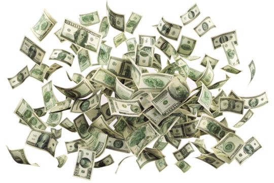 Money scattered on the desk. Money, US dollar bills background. Photography for Finance and Economy concepts. isolated on a white background