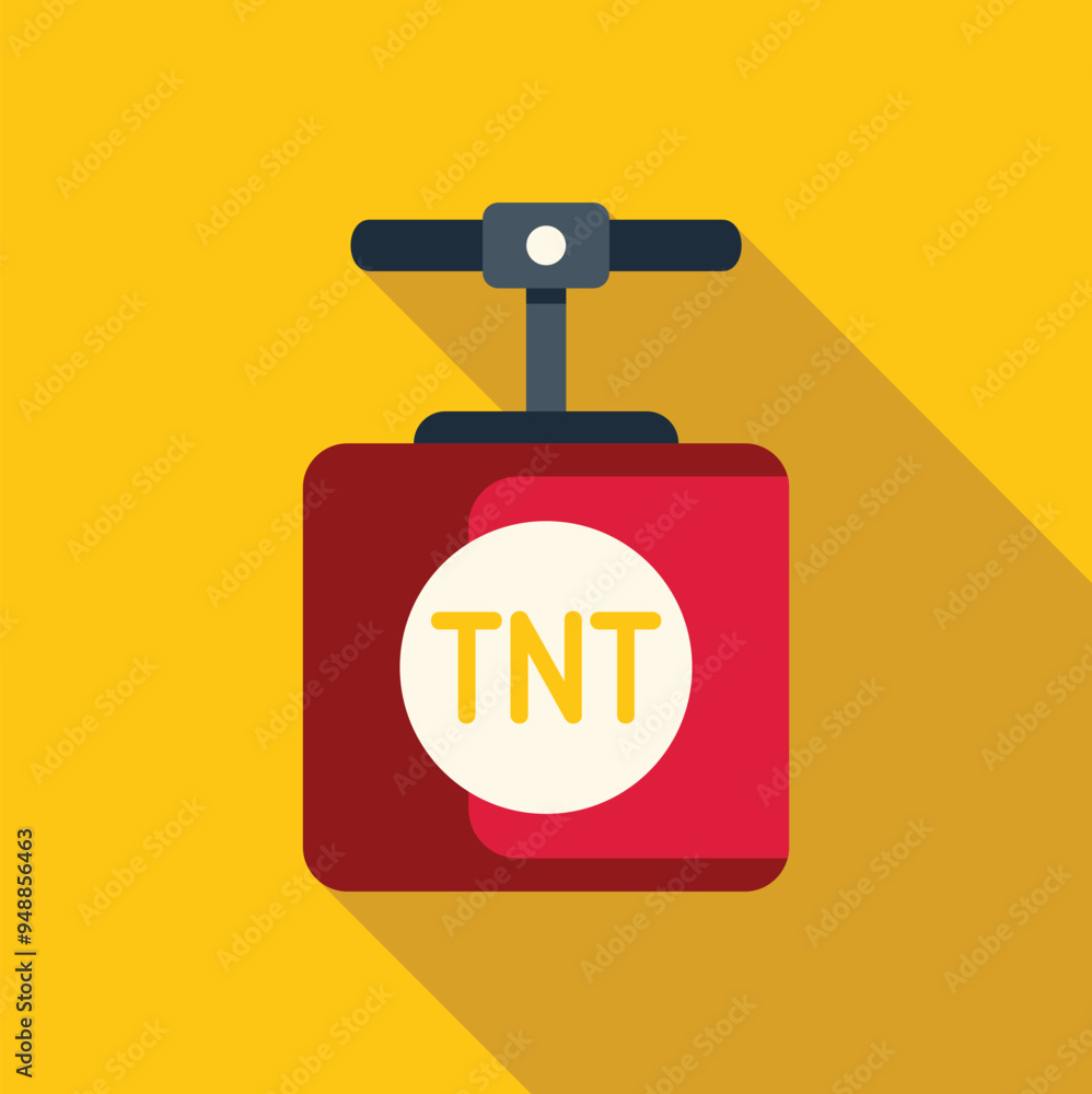 Poster red tnt detonator plunger explosive device with a long shadow on a yellow background