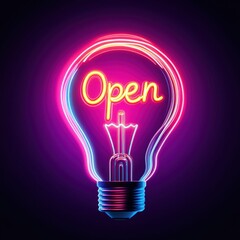 Neon Light Bulb with Open Sign on Dark Background