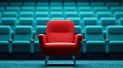 Obraz premium Red Armchair Standing Out in a Sea of Blue Seats