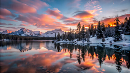 A breathtaking view of a snow-capped mountain range during sunset, with vibrant pink and orange hues in the sky. A calm lake reflects the mountains and the sky, surrounded by a dense pine forest. The 