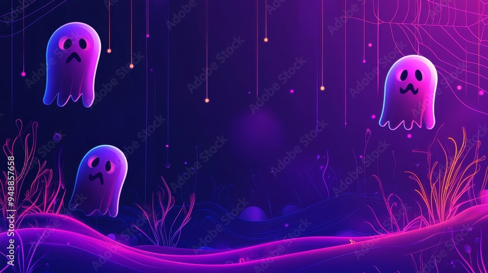 Canvas Prints A vibrant neon Halloween scene with three glowing ghosts against a dark purple background.  The ghosts have sad faces and are outlined in neon pink.  The background features a glowing purple and pink 