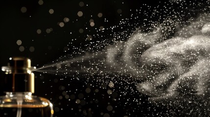 spraying perfume on dark background, closeup 